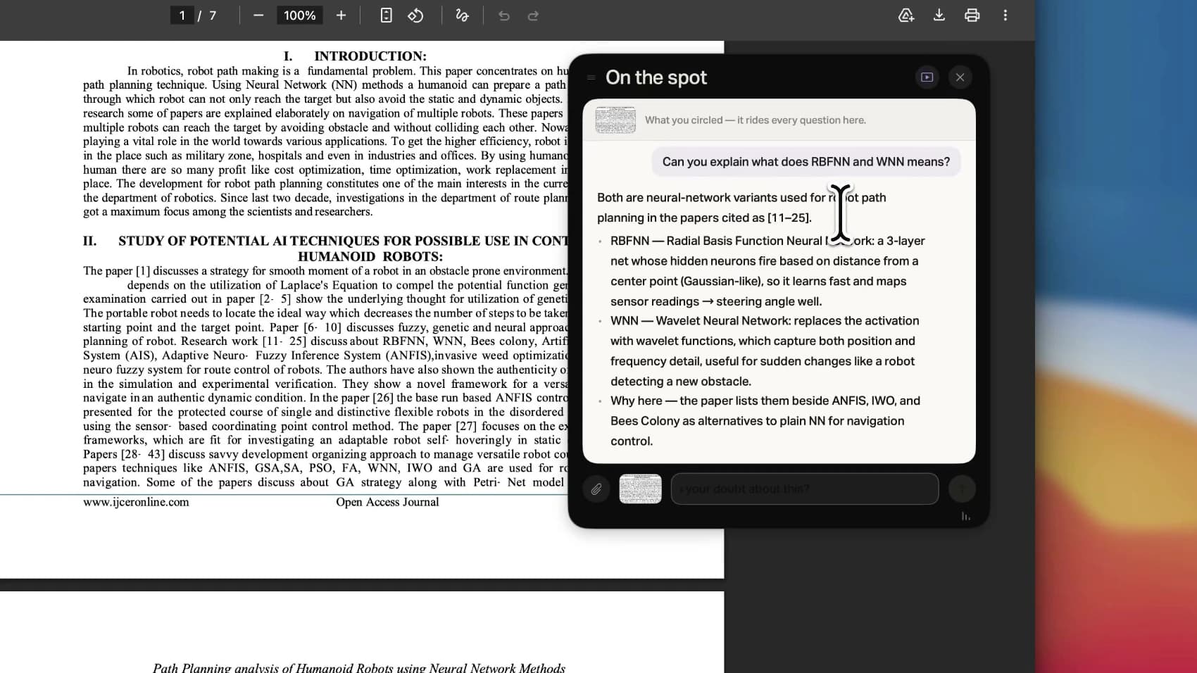 The same paper with the Attyn card now showing the answer, defining RBFNN and WNN and explaining why the paper lists them.