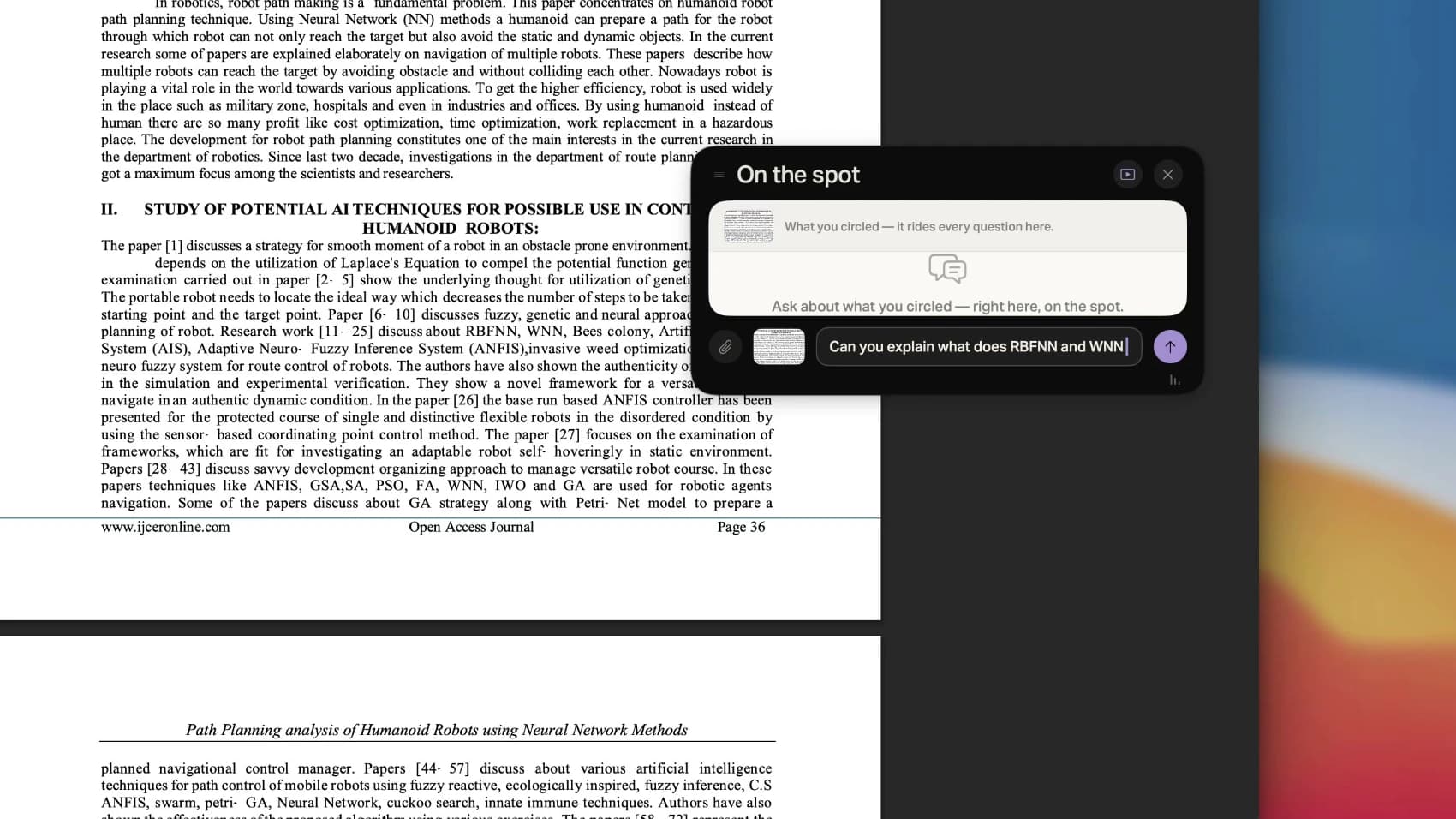 A research paper open in a PDF viewer with the Attyn card beside it, holding the typed question about what RBFNN and WNN mean.