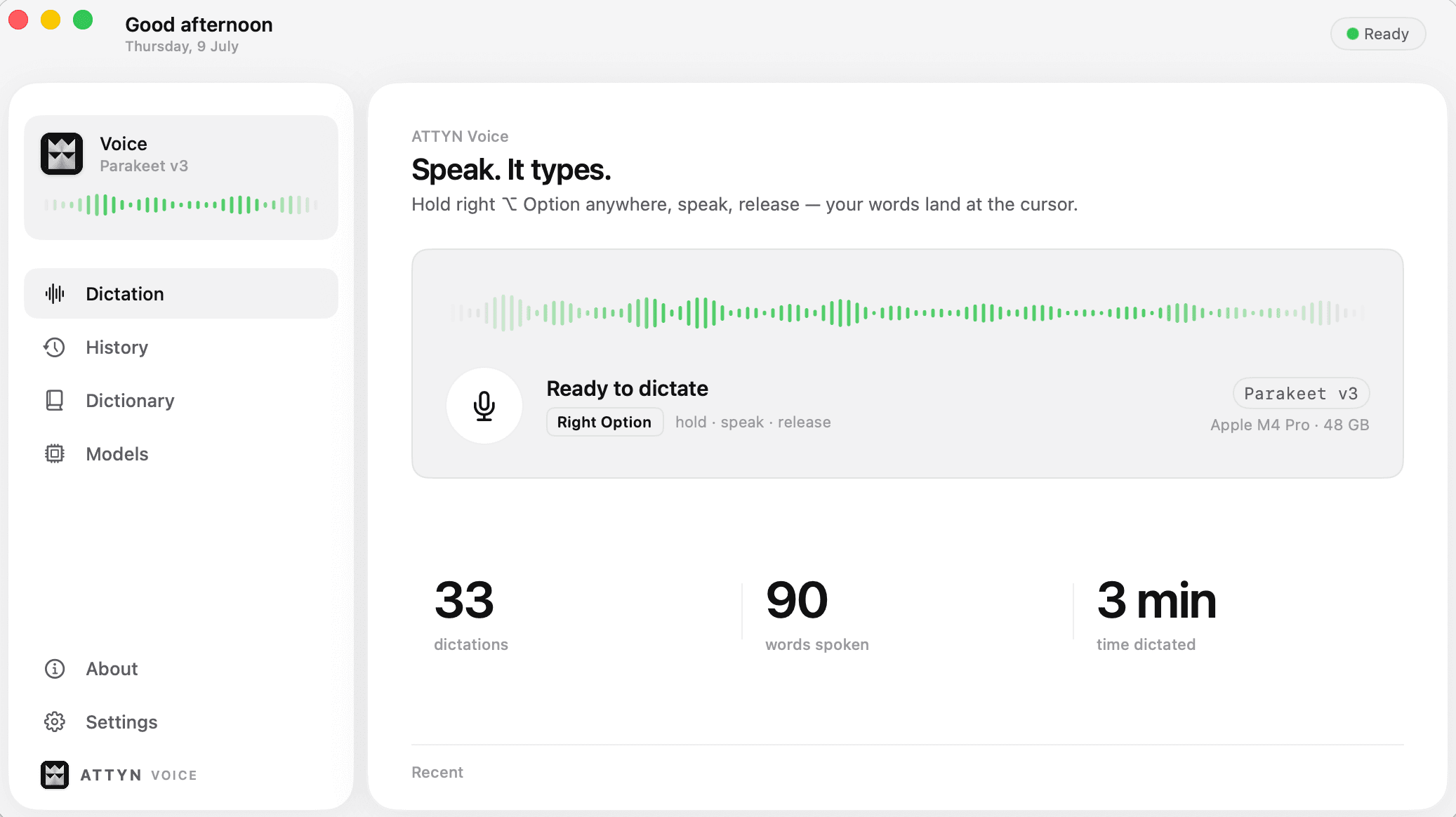 ATTYN Voice — on-device dictation for macOS with hold-to-talk, history, and local models