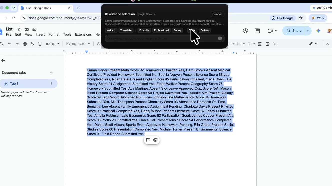The Inline Assist card open over a Google Docs selection, showing the Write it, Translate, Friendly, Professional, Funny, Table and Bullets chips with a Cancel beside them.