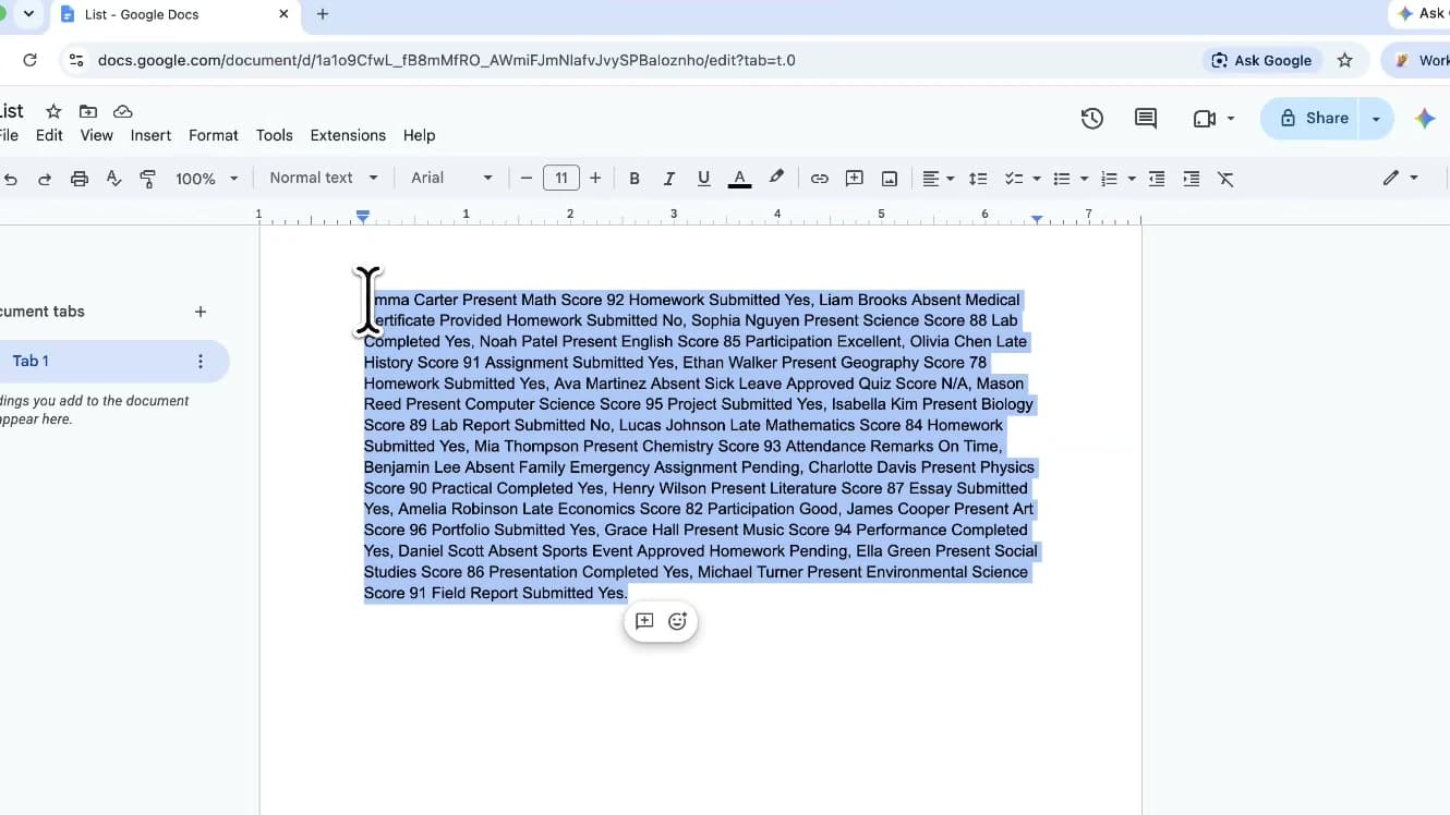 A block of text highlighted in Google Docs and nothing else touched, which is the whole of what Inline Assist reads.